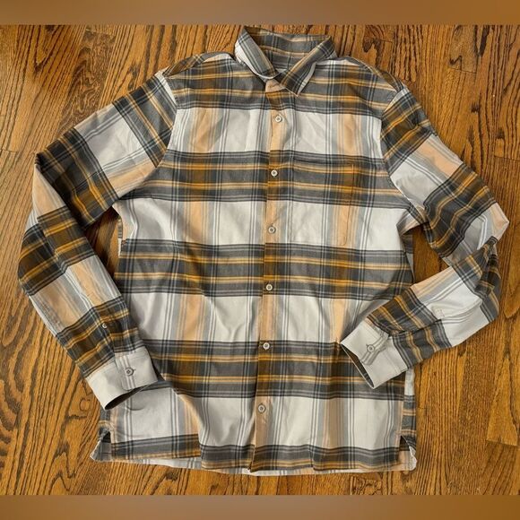 LULULEMON Flannel Plaid Button Down Shirt Brown Tan Cream Orange Yellow L XL - Picture 1 of 2